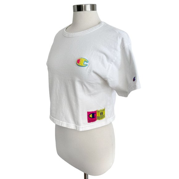 Champion Small Thick White Cotton Cropped Neon Logo Basic T-Shirt - Picture 2 of 8